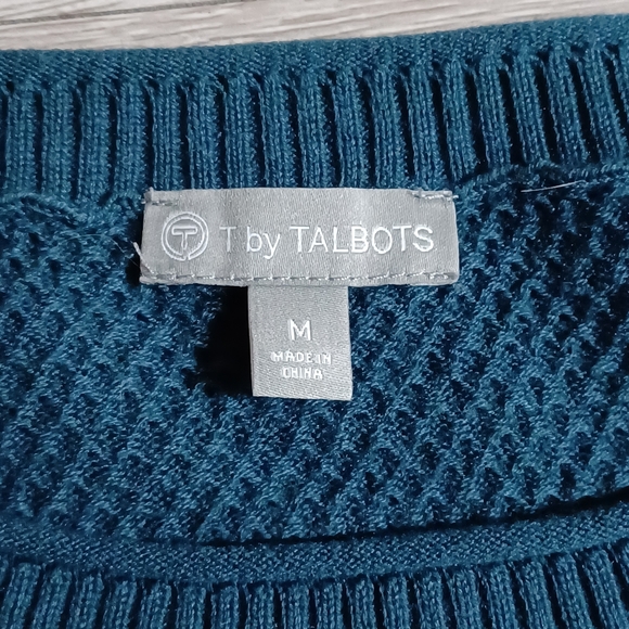 T by Talbots Deep Teal Waffle Knit Stripe Detail Jewel Neck Tunic Sweater - Picture 8 of 12